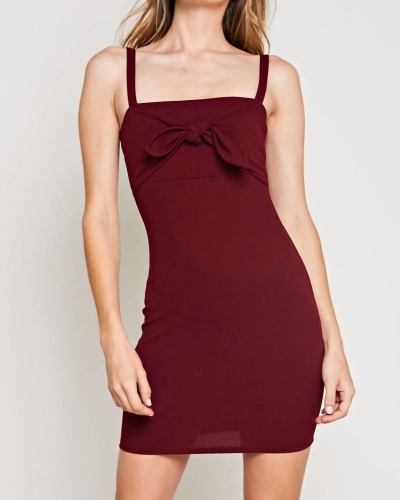 Front of a model wearing a size L Tie Front Mini Dress In Burgundy in Burgundy by Blue Blush. | dia_product_style_image_id:354609